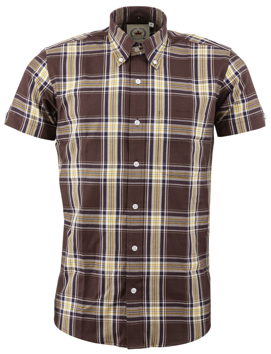Chemises boutonnées vintage/rétro à manches courtes à carreaux marron pour hommes