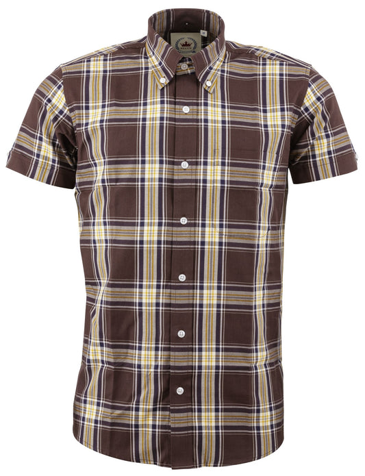 Camisas con botones vintage/retro de manga corta a cuadros marrones para hombre