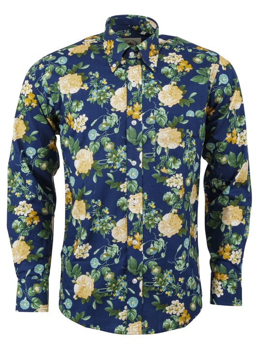 Camisa con botones mod retro de manga larga floral azul Relco