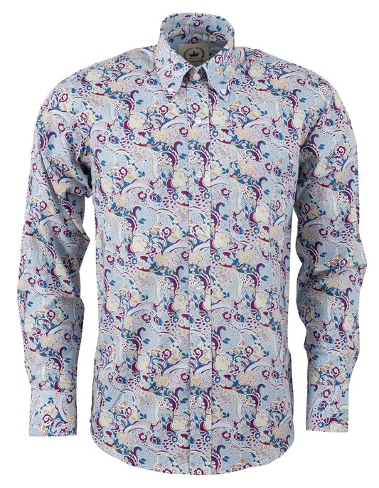Camisa con botones mod retro de manga larga azul paisley multicolor Relco