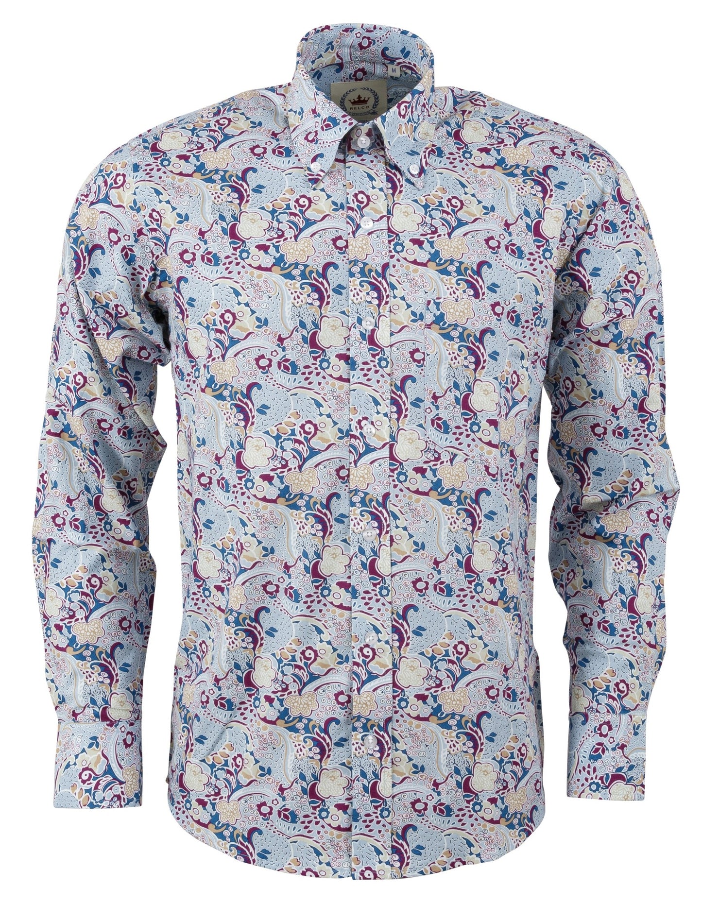 Camisa Con Botones Mod Retro De Manga Larga Azul Paisley Multicolor Relco