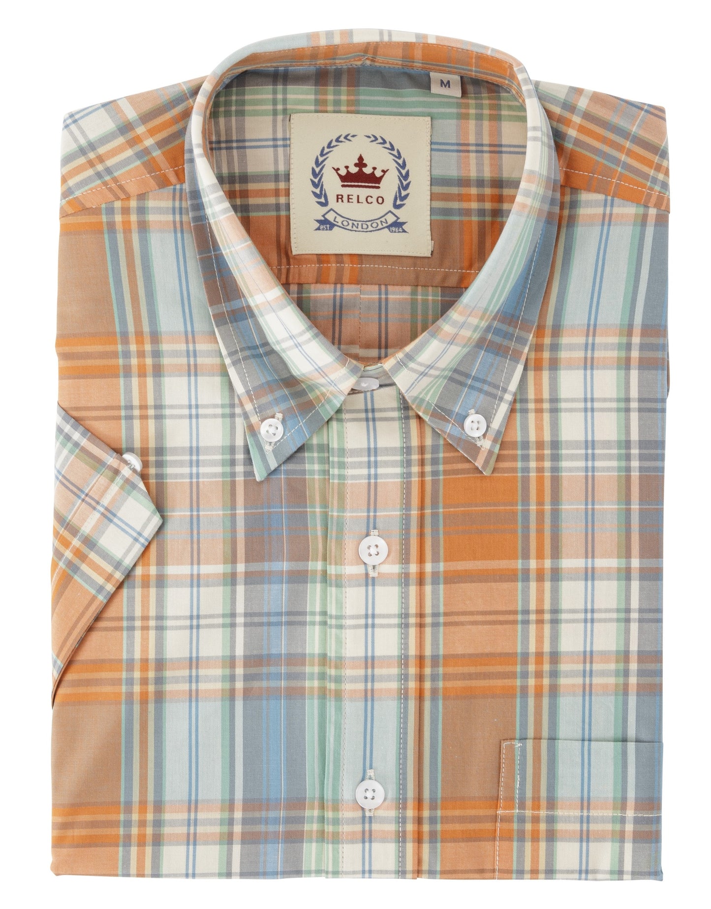 Relco Mens Orange/Sky Check Short Sleeved Vintage/Retro Button Down Shirts