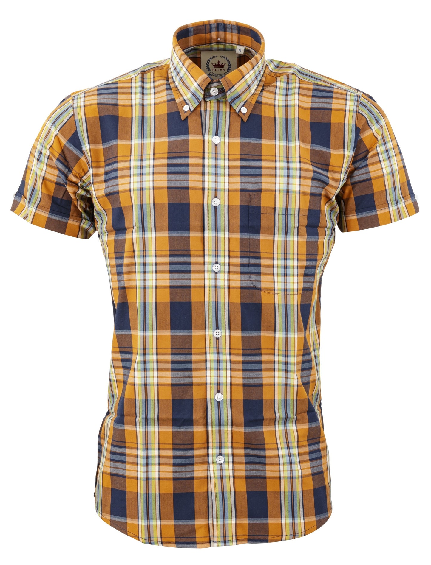 Relco Orange Karierte Kurzärmelige Vintage-/Retro-Button-Down-Hemden Für Herren
