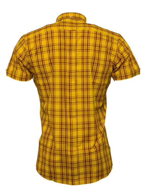 Relco Mens  Mustard & Burgundy Checked Short Sleeved Button Down Shirts