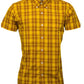 A short-sleeved mustard and burgundy checkered button-down shirt