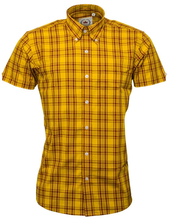 A short-sleeved mustard and burgundy checkered button-down shirt