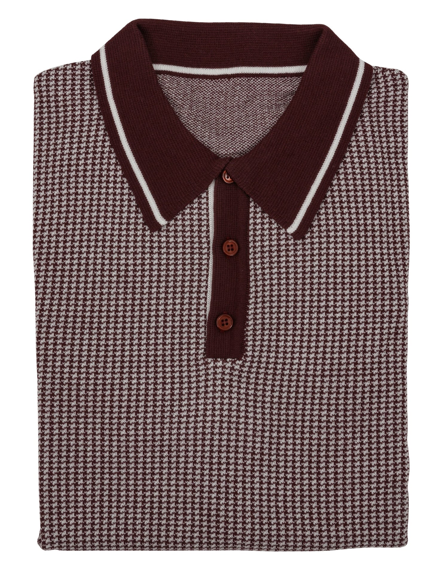 Relco Herren-Poloshirts aus burgunderrotem/cremefarbenem Retro-Jacquard-Strick-Poloshirt mit Hahnentrittmuster