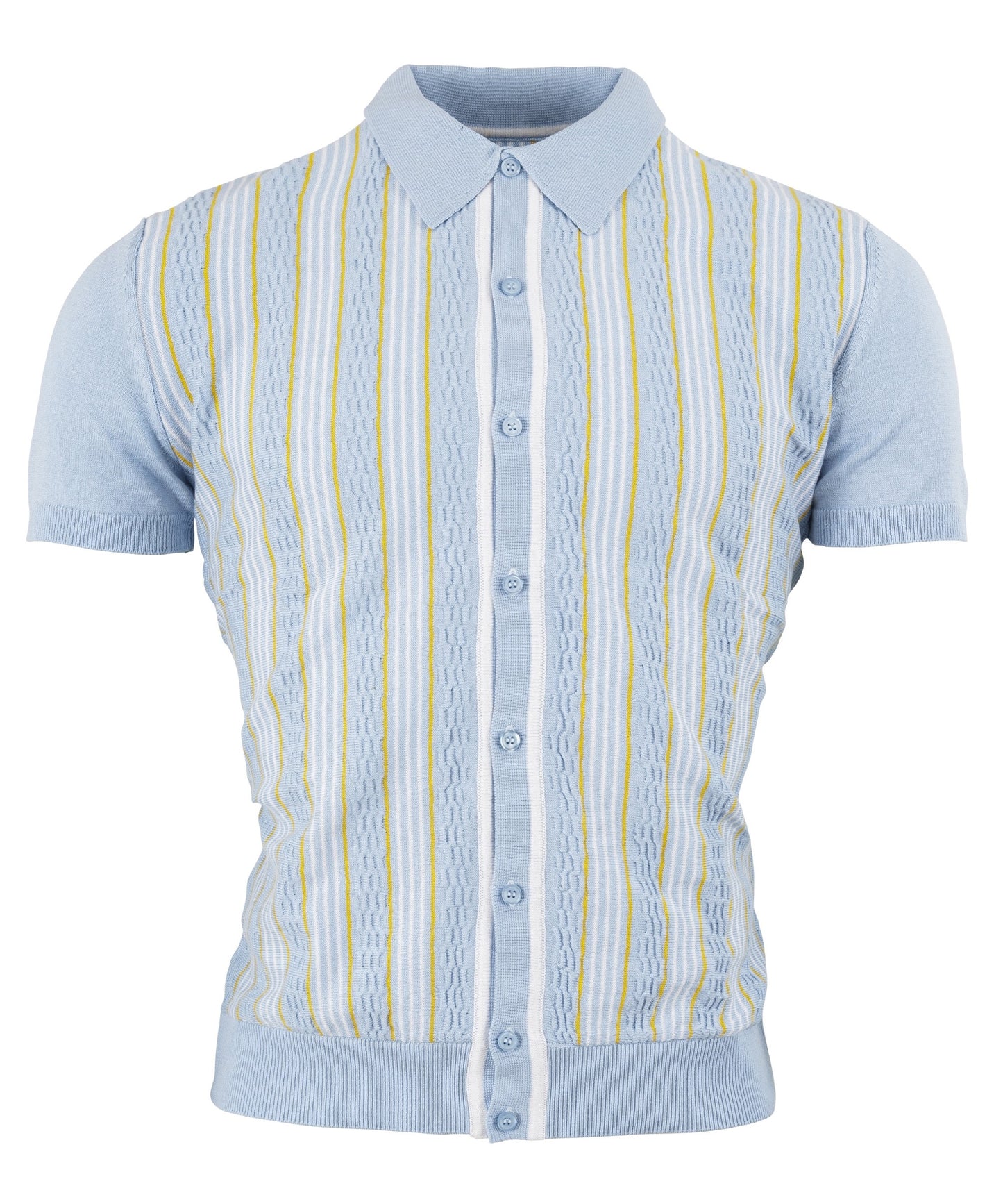Relco Mens Sky Blue Retro Textured Striped Knitted Polo Cardigan