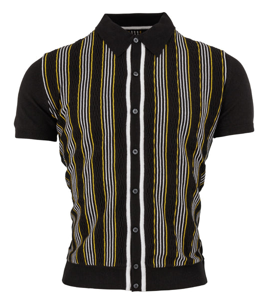 Relco cardigan polo tricoté à rayures texturées noires rétro pour hommes