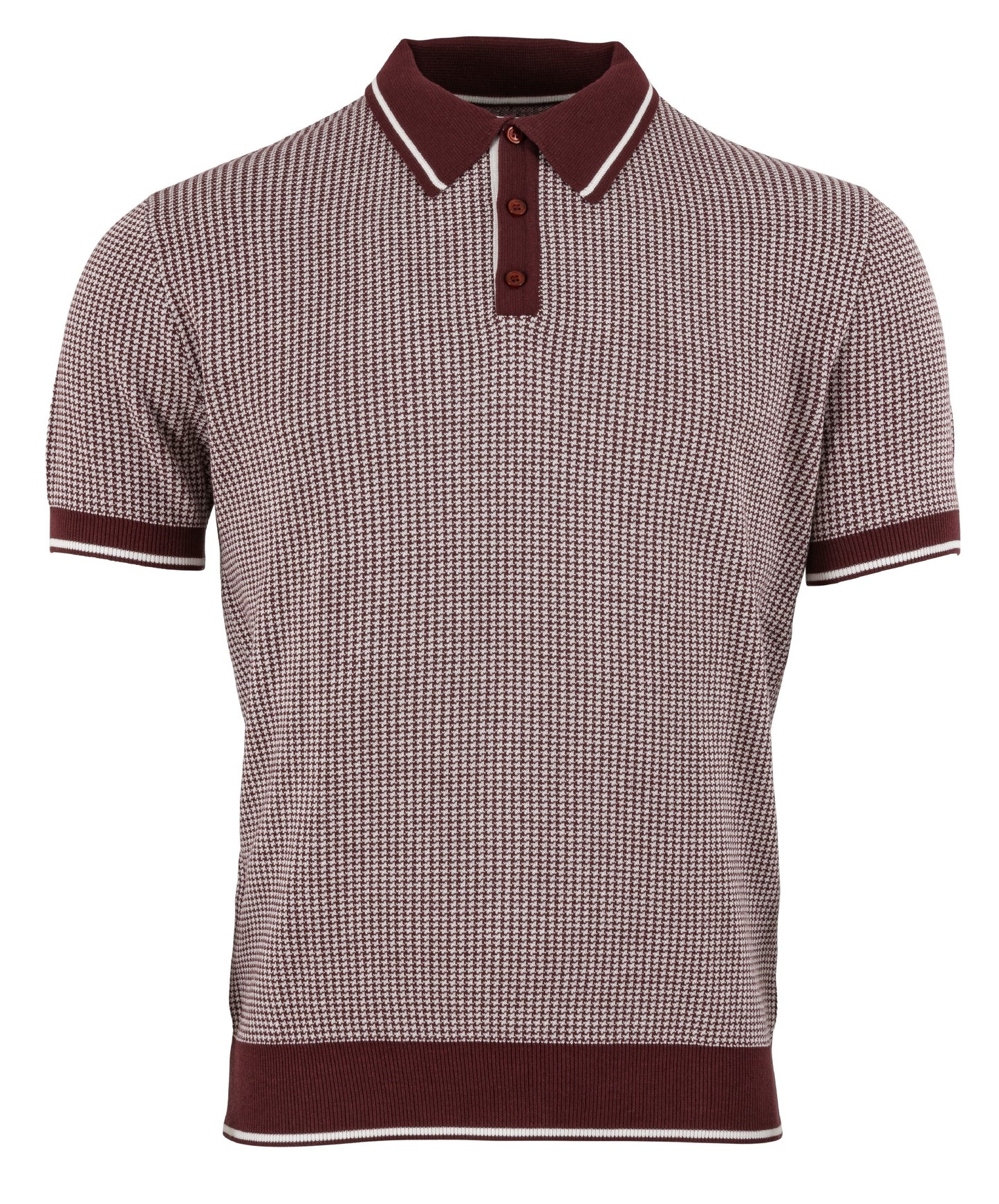 Relco Herren-Poloshirts aus burgunderrotem/cremefarbenem Retro-Jacquard-Strick-Poloshirt mit Hahnentrittmuster