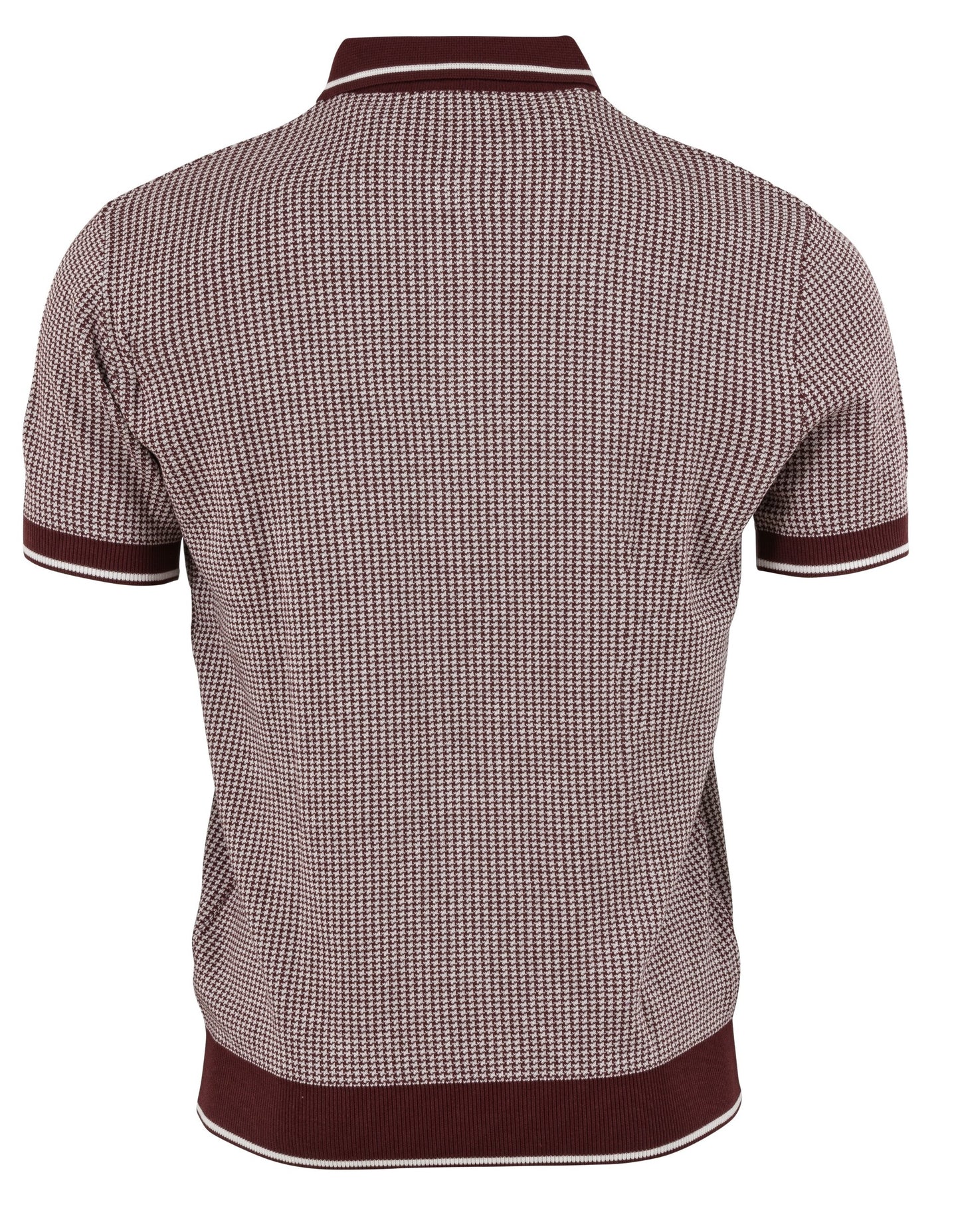 Relco Herren-Poloshirts aus burgunderrotem/cremefarbenem Retro-Jacquard-Strick-Poloshirt mit Hahnentrittmuster