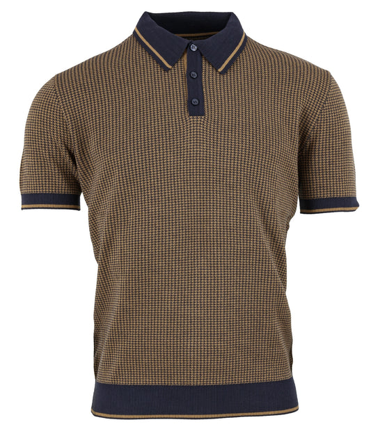 Relco Mens Navy/Caramel Retro Jacquard Dogtooth Knitted Polo Shirts