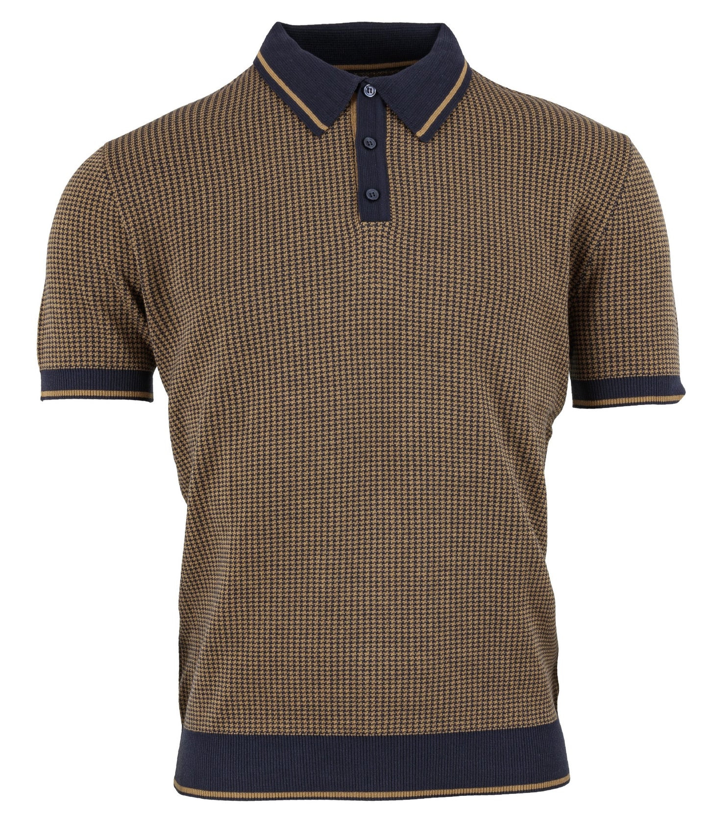 Relco Herren-Poloshirts aus Marineblau/Karamell-Retro-Jacquard-Strick-Poloshirt mit Hahnentrittmuster