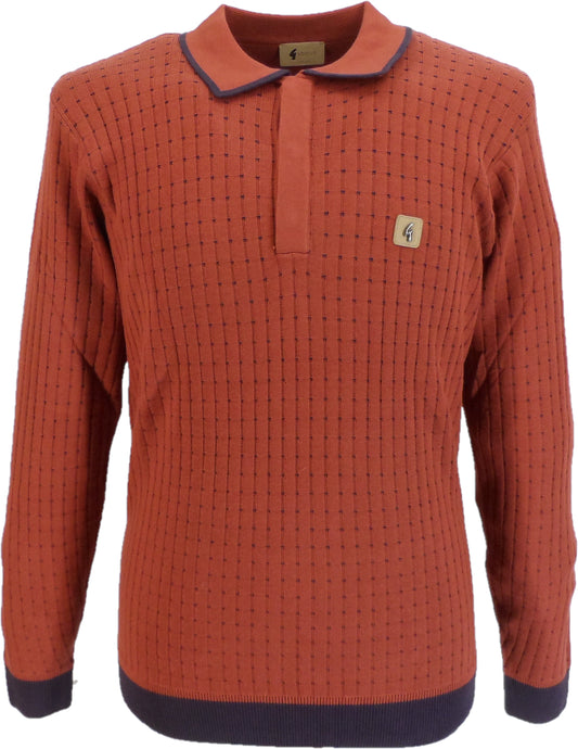 Gabicci Mens Rust Brown Textured Retro Knitted Polo