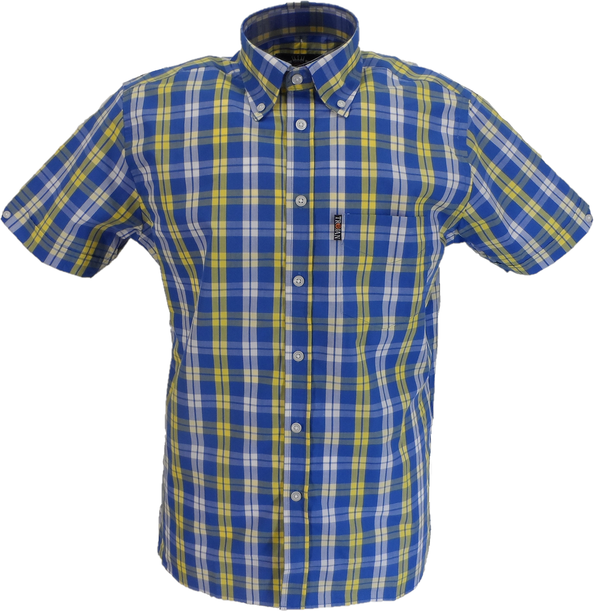 Trojan Mens Cobalt Blue Check 100% Cotton Short Sleeved Shirts and Pocket Square