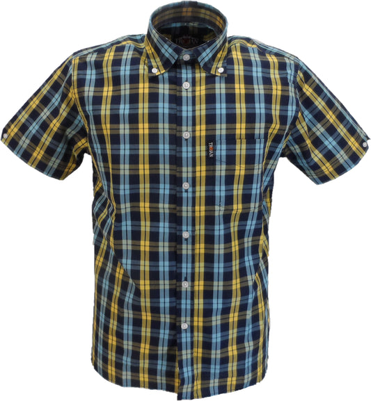 Trojan Mens Navy Blue Check 100% Cotton Short Sleeved Shirts and Pocket Square