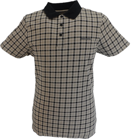 Lambretta Mens Stone/Brown Gingham Tipped Polo Shirts