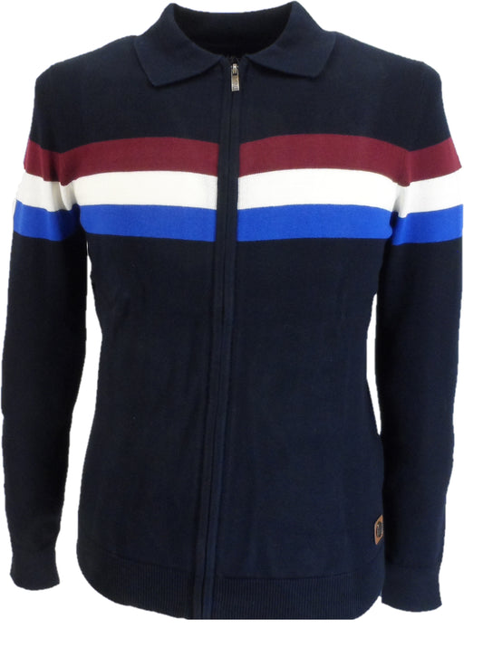 Trojan Mens Navy Blue Zip Up Stripe Cardigan