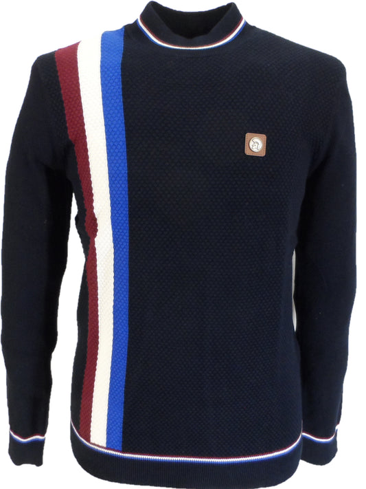 Trojan Mens Navy Blue Textured Racing Stripe Fine Gauge Turtle Neck
