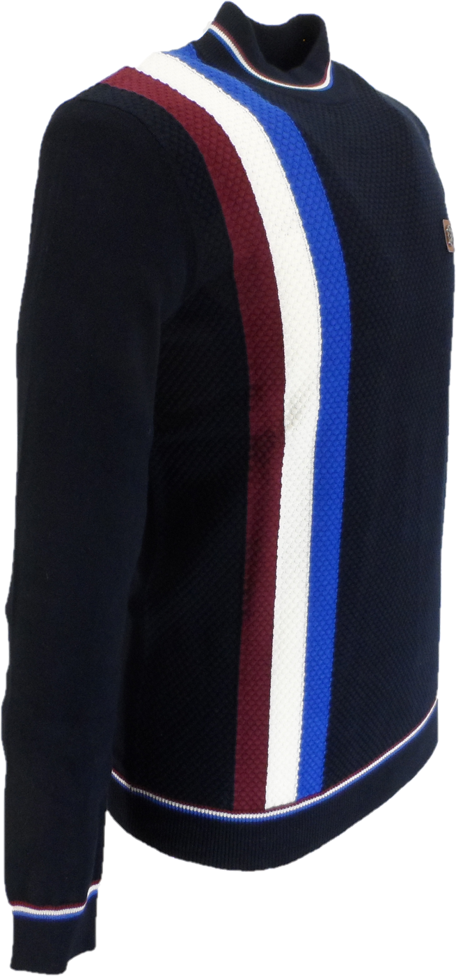 Trojan Mens Navy Blue Textured Racing Stripe Fine Gauge Turtle Neck