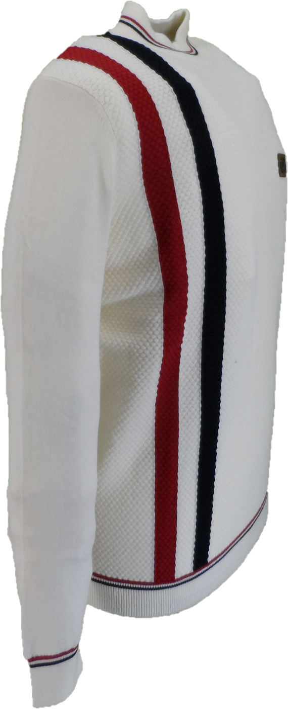 Trojan Mens Ecru Textured Racing Stripe Fine Gauge Turtle Neck
