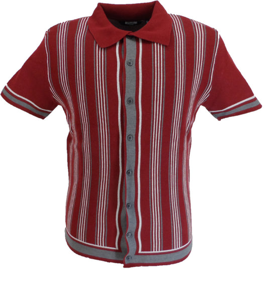 Relco Mens Burgundy Retro Striped Knitted Polo Cardigan