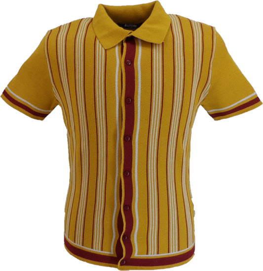 Relco Mens Mustard Retro Striped Knitted Polo Cardigan