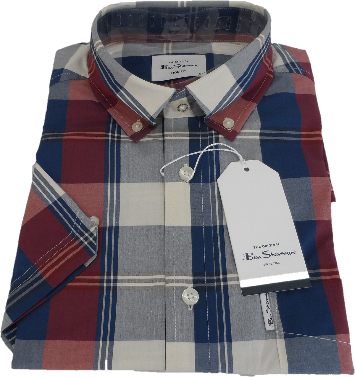 Ben Sherman Mens Dark Red Block Check Short Sleeved Shirt