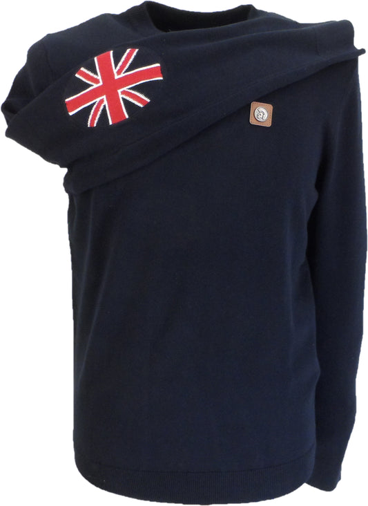 Trojan Mens Navy Blue Union Flag Elbow Fine Gauge Jumper