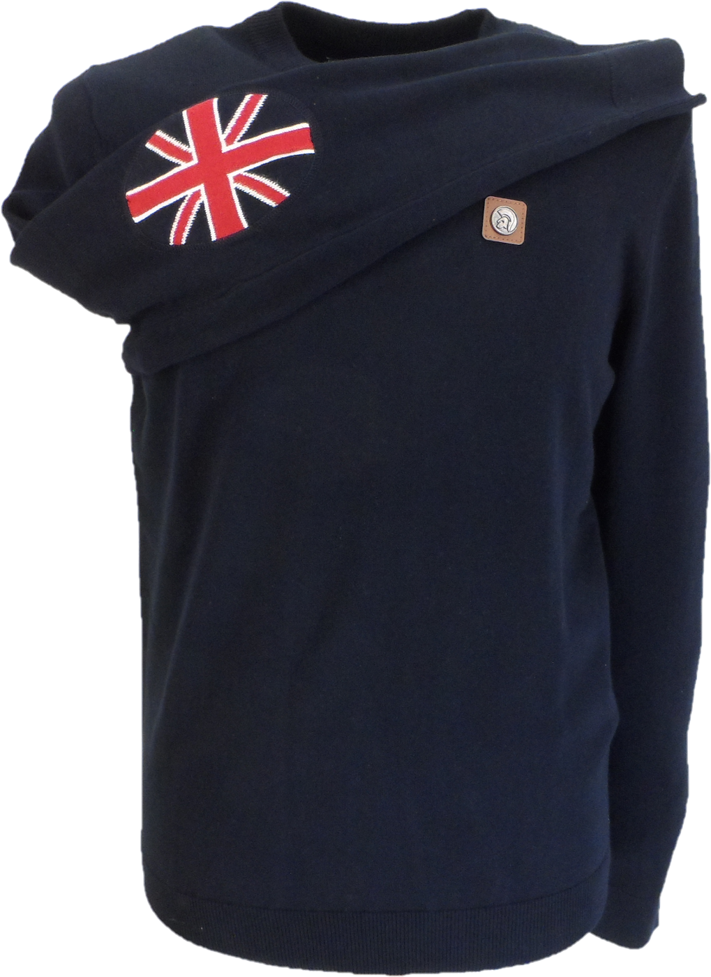 Trojan Mens Navy Blue Union Flag Elbow Fine Gauge Jumper