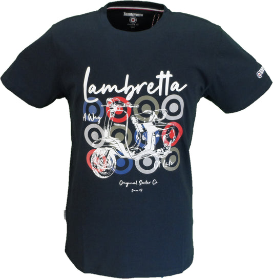 A navy blue short-sleeve t-shirt featuring a vintage-style graphic of a Lambretta scooter with white, red, and blue circular accents, and 'Lambretta' written in white script across the chest.