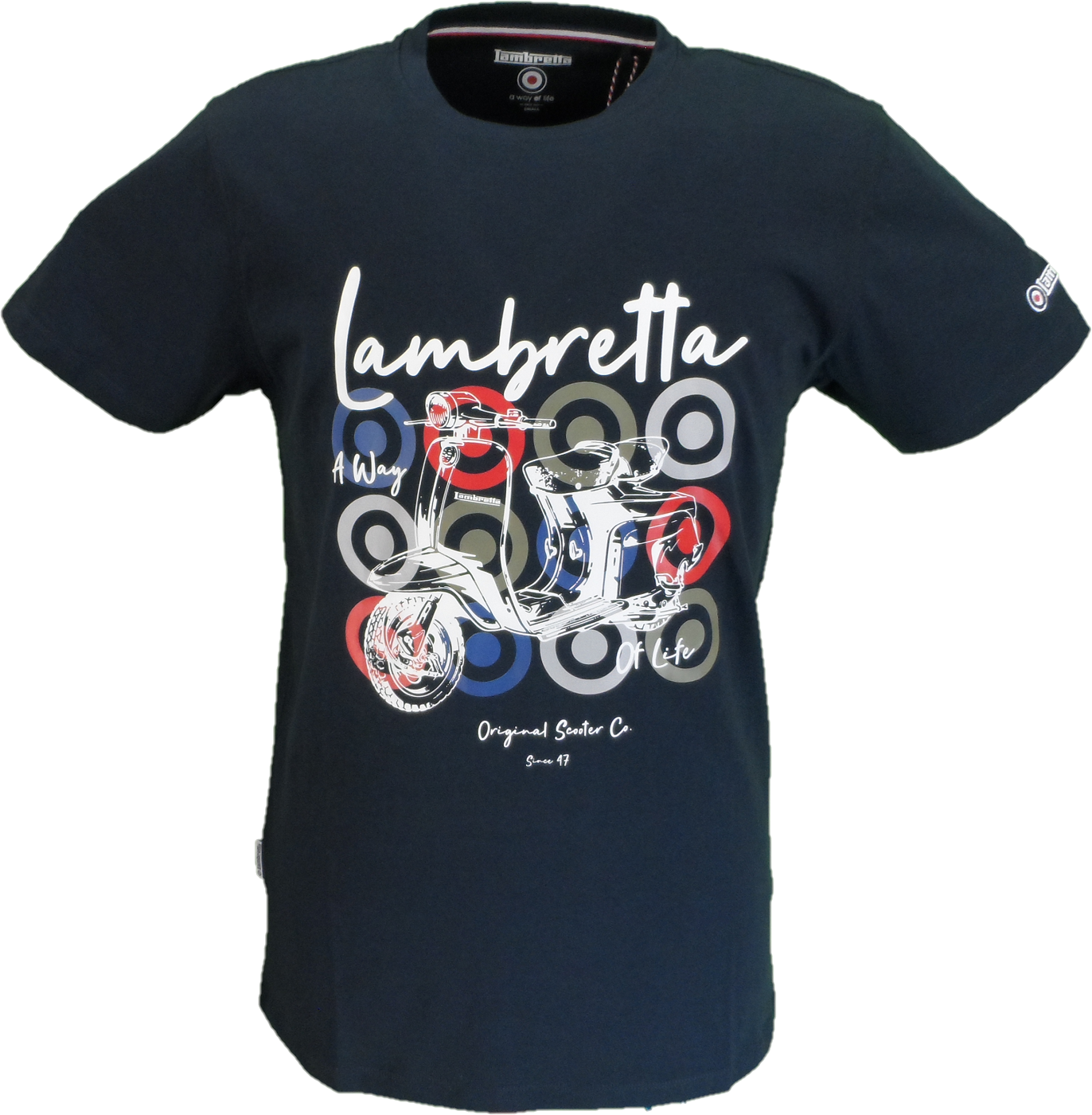 A navy blue short-sleeve t-shirt featuring a vintage-style graphic of a Lambretta scooter with white, red, and blue circular accents, and 'Lambretta' written in white script across the chest.