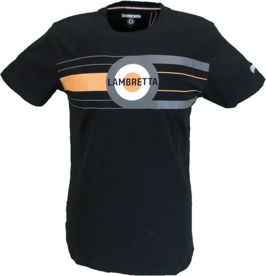 A black short-sleeve crewneck t-shirt with a horizontal chest graphic featuring a gray circle, white ring, orange stripe, and the word 'LAMBRETTA' in black.