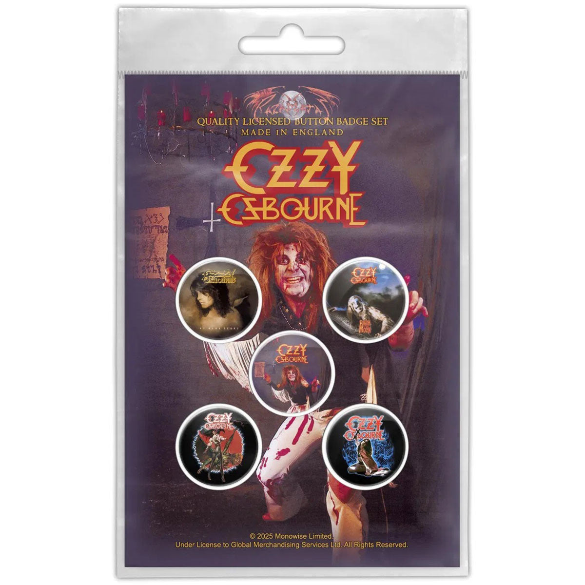 Packaged Ozzy Osbourne button badge set with images of the band members on a purple background.