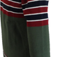 A green knit sweater with horizontal red, white, and navy stripes across the chest and sleeves, shown on a plain white background.