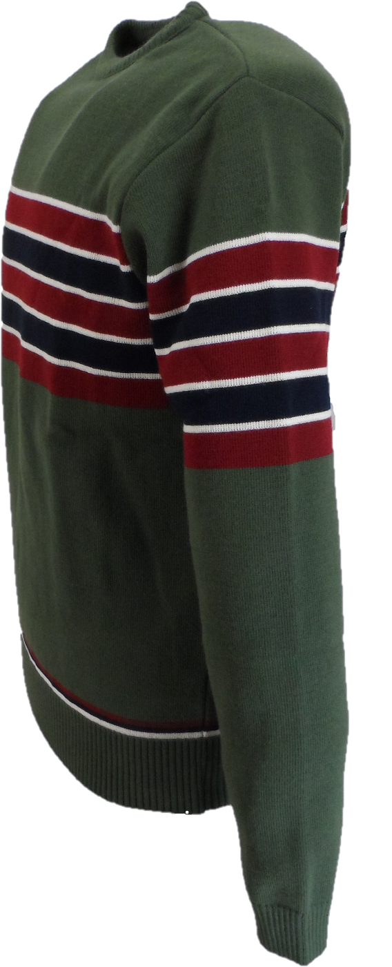 A green knit sweater with horizontal red, white, and navy stripes across the chest and sleeves, shown on a plain white background.