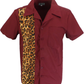 A short-sleeve button-up shirt in burgundy with a leopard print panel on the right side, featuring a collar, chest pocket, and button front.