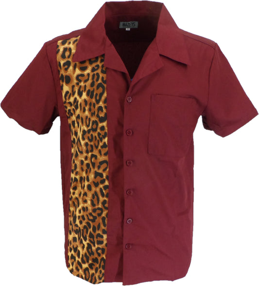 A short-sleeve button-up shirt in burgundy with a leopard print panel on the right side, featuring a collar, chest pocket, and button front.
