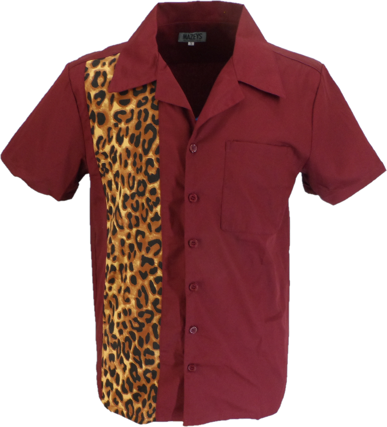 A short-sleeve button-up shirt in burgundy with a leopard print panel on the right side, featuring a collar, chest pocket, and button front.
