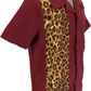 A short-sleeve button-up shirt with a maroon body and a leopard print panel down the front, displayed on a white background.