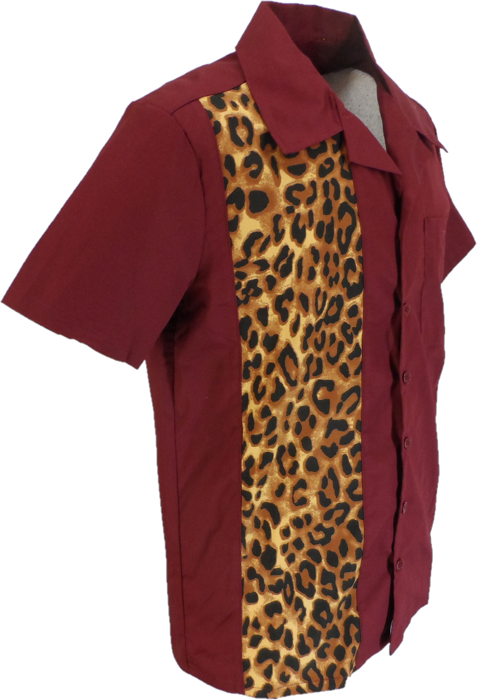 A short-sleeve button-up shirt with a maroon body and a leopard print panel down the front, displayed on a white background.