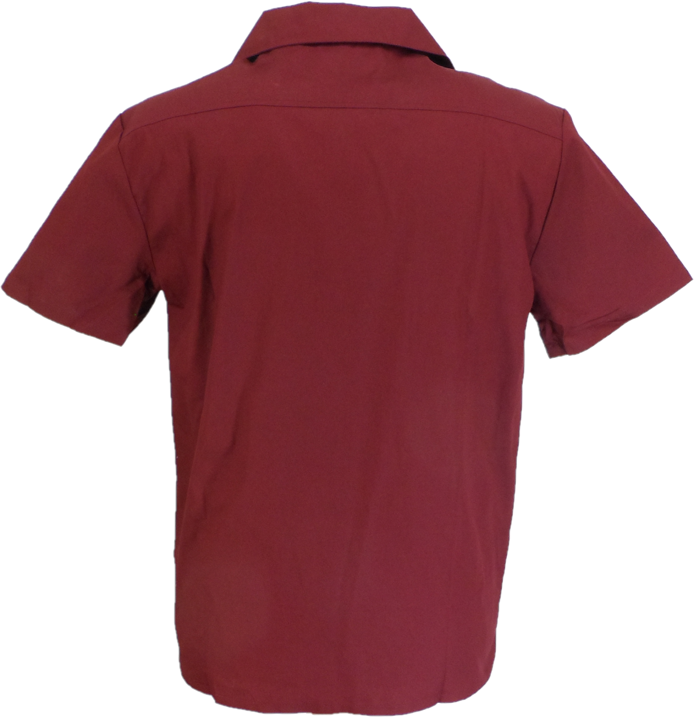 A short-sleeve button-up shirt in a deep burgundy red, shown from the back on a plain white background.