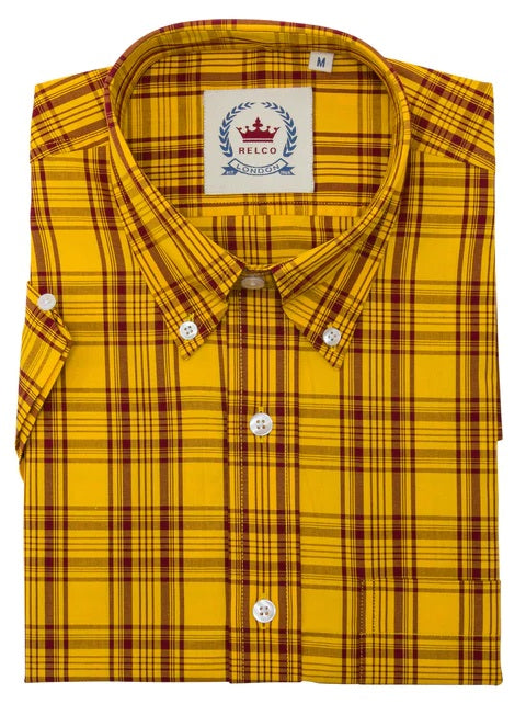 Relco chemises boutonnées à manches courtes à carreaux moutarde et bordeaux pour hommes