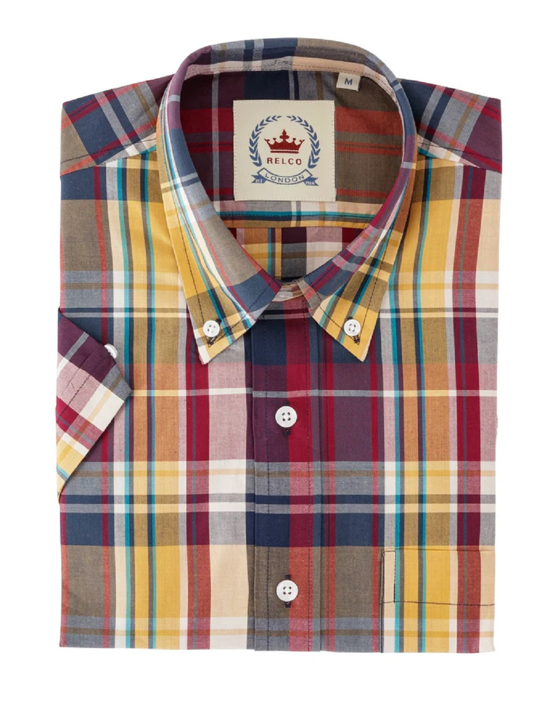 Relco Mens Purple & Yellow Multi Check Short Sleeved Button Down Shirts