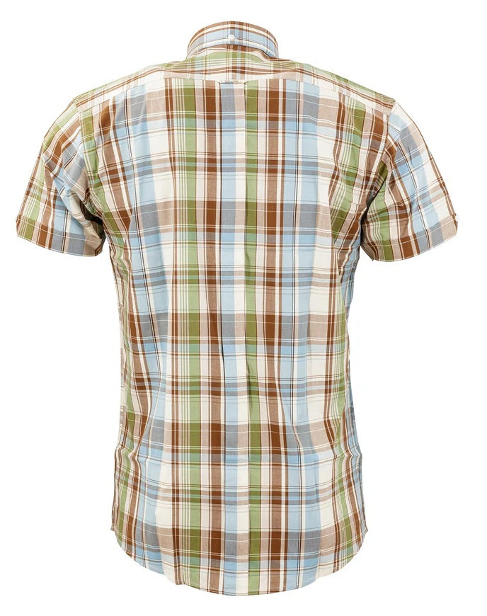 Relco Ladies Retro Sky,Green & Brown Check Button Down Short Sleeved Shirts