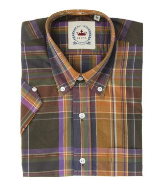 Folded plaid shirt with a brand label on a white background