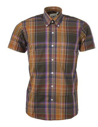 Plaid short-sleeve shirt with a collar on a white background