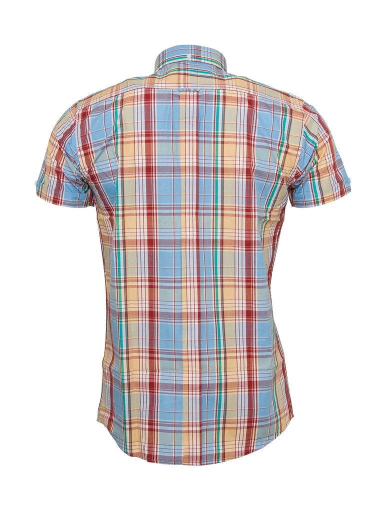 Relco Mens Blue Checked Short Sleeved Button Down Shirts
