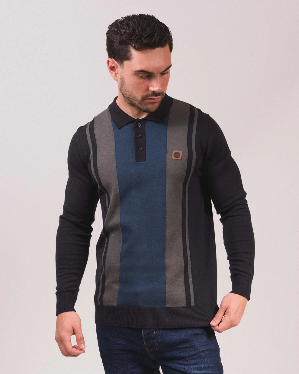 Lambretta Mens Navy Blue and Grey Striped Knitted Polo Shirt