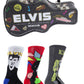 Set of Elvis-themed socks in a decorative case with various designs and colors.